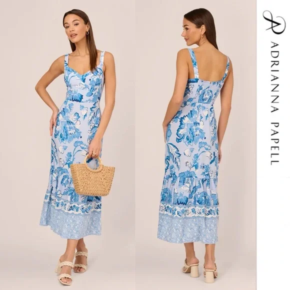 Adrianna Papell | Dresses | Adrianna Papell Blue Floral Print Ankle Length Dress  With Flounce Skirt 6 | Poshmark
